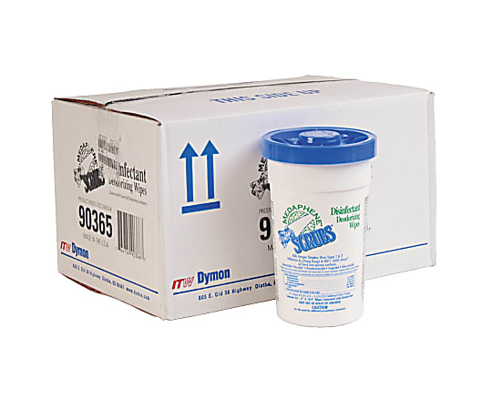 Dymon SCRUBS Medaphene Disinfectant Wipes, 10-1/2 inches x 6 inches, White, Includes six canisters of 65 wipes each per Case, Sold by the Case