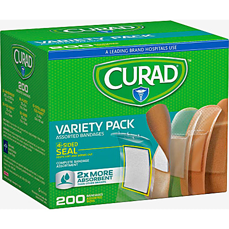 Curad Variety Pack 4-sided Seal Bandages - Assorted - Fabric, Plastic - 200 / Box