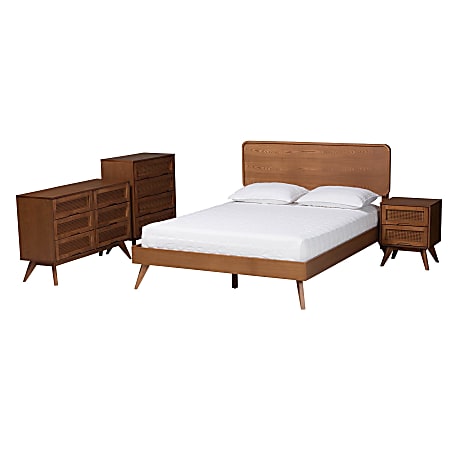 Baxton Studio Demeter Mid-Century Modern Finished Wood 4-Piece Bedroom Set, King Size, Walnut Brown
