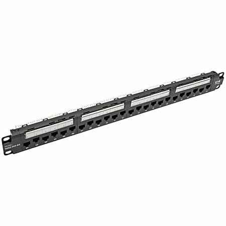 Eaton Tripp Lite Series 24-Port 1U Rack-Mount Cat6a 110 Patch Panel with Cable Management Bar, 110 Punchdown, RJ45, TAA - 24 Port(s) - 24 x RJ-45 - 1U High - Black - 19" Wide - Rack-mountable