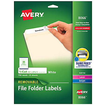Avery® Removable File Folder Labels, Inkjet, 8066, 2/3" x 3 7/16", White, Pack Of 750