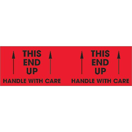 Tape Logic® Preprinted Pallet Protection Labels, DL1195, 3" x 10", "This End Up / Handle With Care", Fluorescent Red, Roll Of 500
