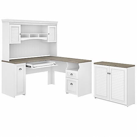 Bush Furniture Fairview 60"W L-Shaped Desk With Hutch And Small Storage Cabinet, Shiplap Gray/Pure White, Standard Delivery