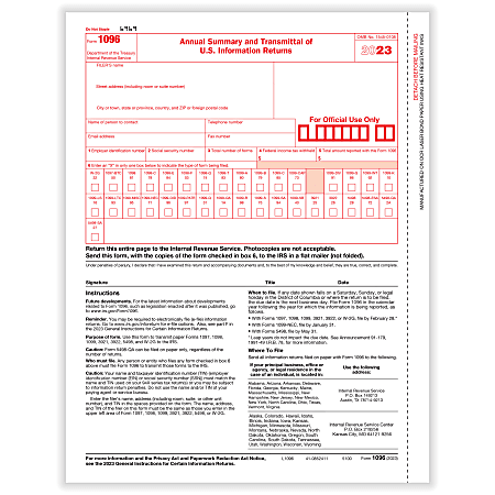 ComplyRight® 1096 Transmittal Tax Forms, Laser, 8-1/2" x 11", Pack Of 50 Forms