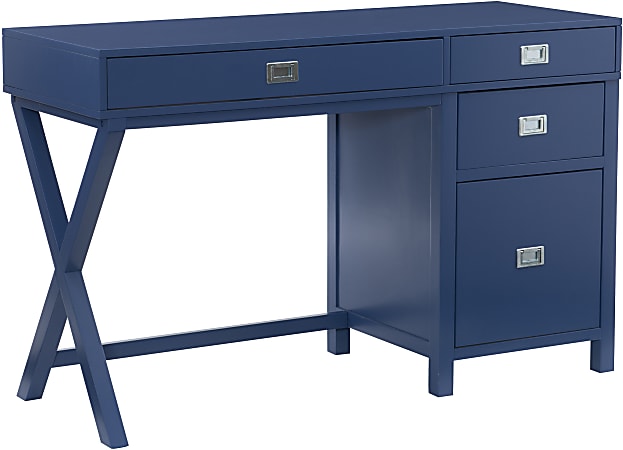 Linon Ari 48"W Home Office Writing Desk With Side Storage, Navy/Silver