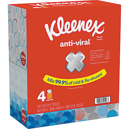 Kleenex® Anti-Viral 3-Ply Facial Tissues, White, 55 Tissues Per Box, Pack Of 4 Boxes