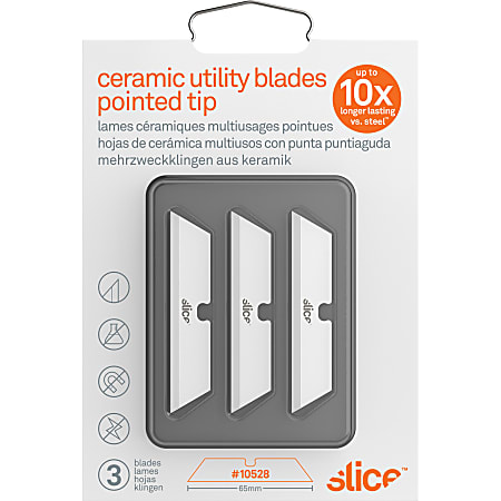 Slice Pointed Tip Ceramic Utility Blades - 2.60" Length - Pointed Tip, Non-conductive, Non-magnetic, Reversible, Retractable, Rust Resistant, Non-sparking - Zirconium Oxide - 3 / Pack - White