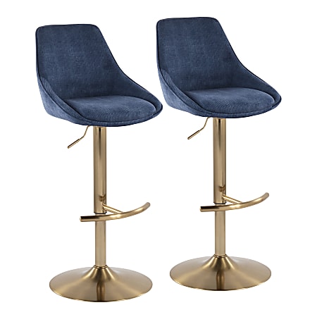LumiSource Diana Adjustable Bar Stools With Rounded T Footrests, Blue/Gold, Set Of 2 Stools