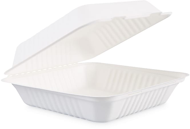 Boardwalk® Bagasse Food Containers, 1-Compartment, 3-3/16"H x 9"W x 9"D, White, 100 Containers Per Sleeve, Carton Of 2 Sleeves