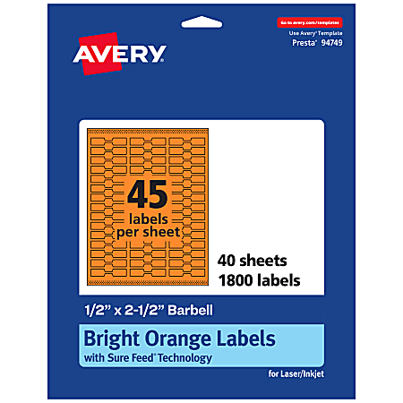 Avery® Printable Labels With Sure Feed® Technology, 94749-BOP40, Barbell, 1/2" x 2-1/2", Matte Bright Orange, Pack of 1800