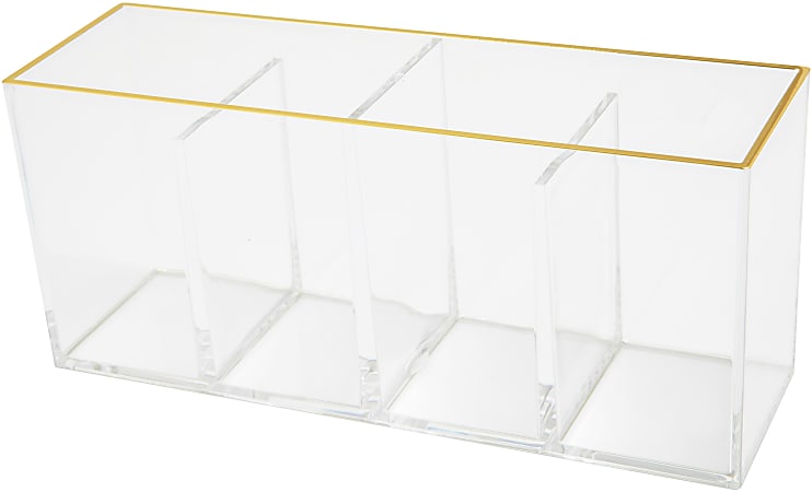 Martha Stewart Kerry Plastic 4-Compartment Pen Holder Office Desktop Organizer, 3-3/4"H x 2-3/4"W x 8-3/4"D, Clear/Gold Trim