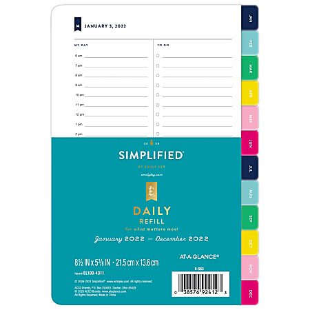 Simplified System by Emily Ley 2022 One Page Per Day Calendar Refill, Loose-Leaf, Desk Size, 5 1/2" x 8 1/2", January to December 2022