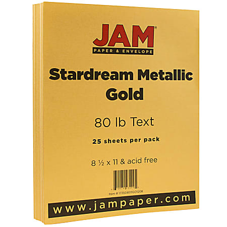 JAM Paper® Colored Multi-Use Print & Copy Paper, Letter Size (8 1/2" x 11"), 80 Lb, Gold Metallic, Pack Of 25 Sheets