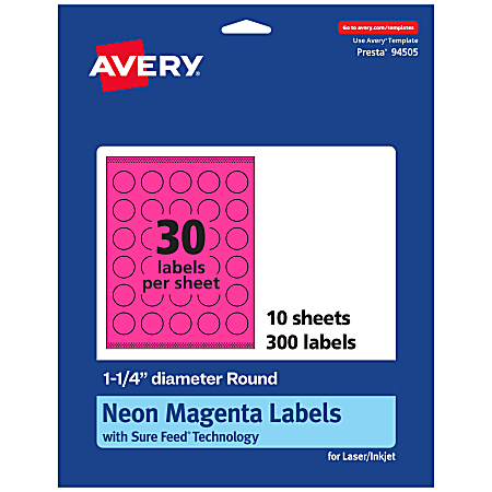 Avery® Print-To-The-Edge Labels With Sure Feed® Technology, 94505-NMP10, Round, 1-1/4", Matte Neon Magenta, Pack of 300