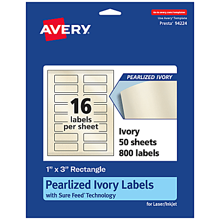 Avery® Pearlized Permanent Labels With Sure Feed®, 94224-PIP50, Rectangle, 1" x 3", Ivory, Pack Of 800 Labels