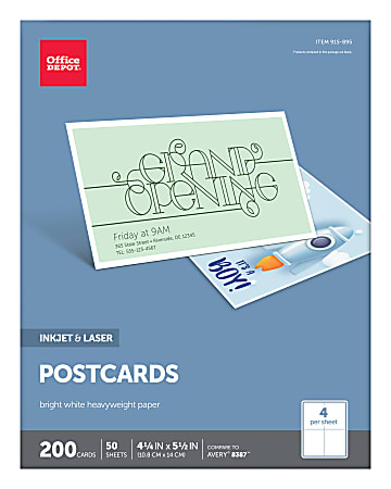 Office Depot® Brand Inkjet/Laser Post Cards, 4 1/4" x 5 1/2", Bright White, Pack Of 200