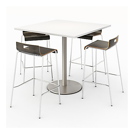 KFI Studios Square Bistro Pedestal Table With 4 Stacking Bar Stools, Designer White/Espresso