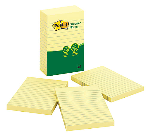 Post-it® Greener Notes, 4 in x 6 in, 5 Pads, 100 Sheets/Pad, Clean Removal, Canary Yellow, Lined
