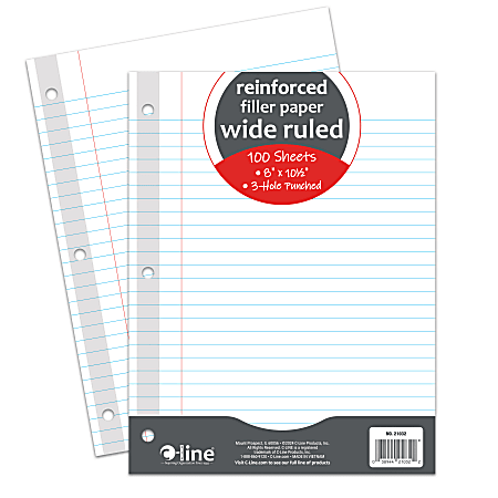 C-Line Reinforced Filler Paper, 8” x 10-1/2”, Wide Rule, 100 Sheets Per Ream, White, Pack Of 36 Reams