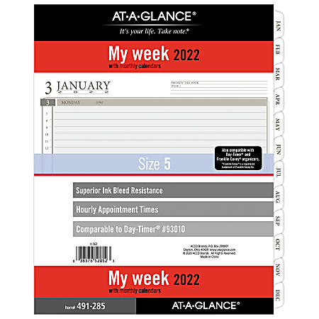 AT-A-GLANCE® Weekly Planner Calendar Refill Pages, Letter-Size, White, January To December 2022, 491-285