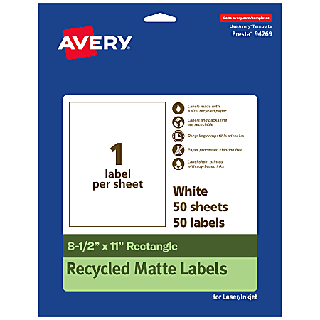 Avery® Recycled Paper Labels, 94269-EWMP50, Rectangle, 8-1/2" x 11", White, Pack Of 50
