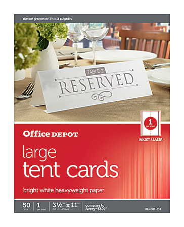 Office Depot® Brand Inkjet/Laser Tent Cards, Large, 3 1/2" x 11", Bright White, Pack Of 50