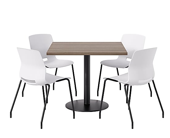 KFI Studios Proof Cafe Pedestal Table With Imme Chairs, Square, 29”H x 42”W x 42”W, Studio Teak Top/Black Base/White Chairs