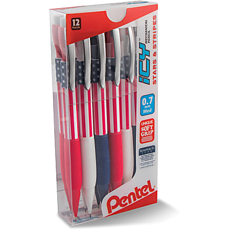 Pentel® Stars & Stripes Mechanical Pencils, #2 Lead, Medium Point, 0.7 mm, Red/White/Blue Barrel, Pack Of 12