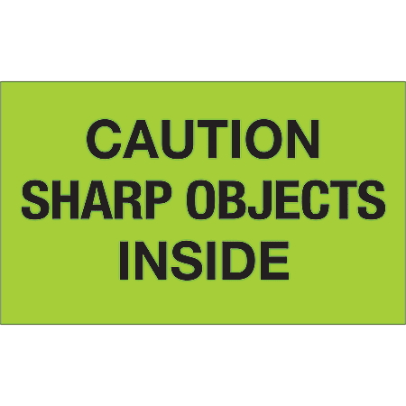 Tape Logic® Preprinted Special Handling Labels, DL1126, Caution Sharp Objects Inside, Rectangle, 3" x 5", Fluorescent Green, Roll Of 500