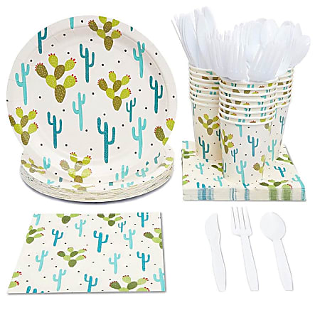 Disposable Dinnerware Set - Serves 24 - Cactus Party Supplies, Includes Plastic Knives, Spoons, Forks, Paper Plates, Napkins, Cups