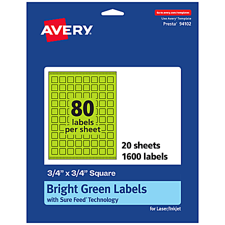 Avery® Print-To-The-Edge Labels With Sure Feed® Technology And Easy Peel®, 94102-BGP20, Square, 3/4" x 3/4", Matte Bright Green, Pack of 1600