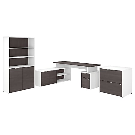 Bush Business Furniture Jamestown 72"W L-Shaped Corner Desk With Lateral File Cabinet And 5-Shelf Bookcase, Storm Gray/White, Standard Delivery