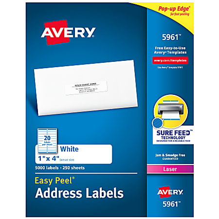 Avery® Easy Peel® Address Labels With Sure Feed® Technology, 5961, Rectangle, 1" x 4", Matte White, Box Of 5,000