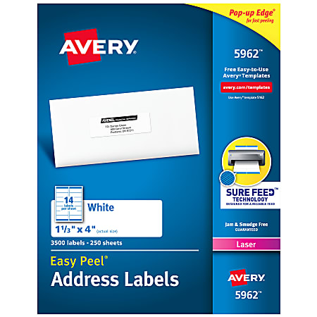 Avery® Easy Peel® Address Labels With Sure Feed® Technology, 5962, Rectangle, 1-1/3" x 4", Matte White, Box Of 3,500