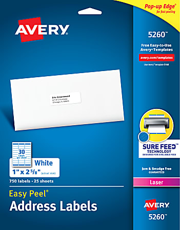 Avery® Easy Peel® Permanent Laser Address Labels, 1" x 2 5/8", FSC® Certified, White, Pack Of 750