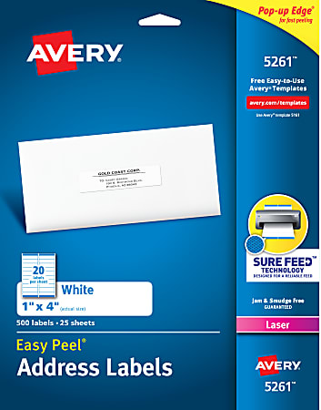 Avery® Easy Peel® Address Labels With Sure Feed Technology, 5261, Rectangle, 1" x 4", White, Pack Of 500