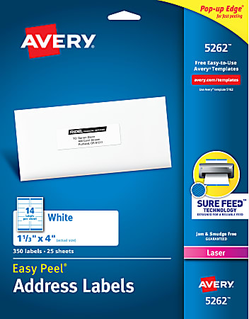 Avery® Easy Peel® Address Labels With Sure Feed® Technology, 5262, Rectangle, 1-1/3" x 4", White, Pack Of 350