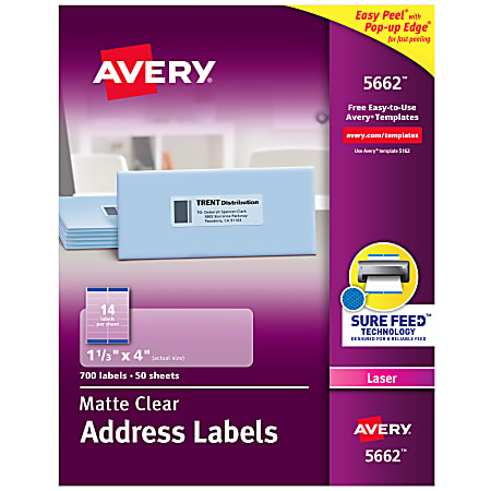 Avery® Matte Address Labels With Sure Feed® Technology, 5662, Rectangle, 1-1/3" x 4", Clear, Pack Of 700 Labels