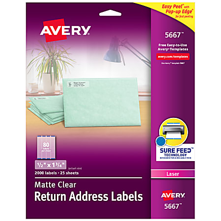 Avery® Matte Return Address Labels With Sure Feed® Technology, 5667, Rectangle, 1/2" x 1-3/4", Clear, Pack Of 2,000
