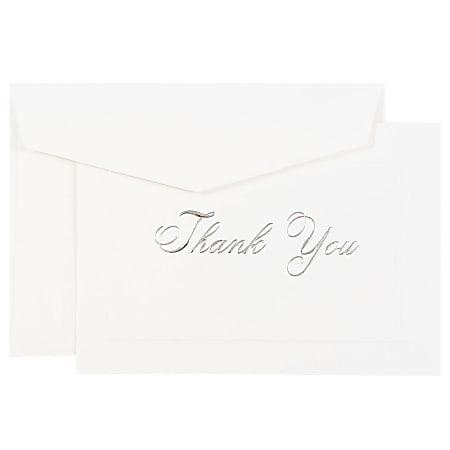 JAM Paper® Thank You Card Set, 4 7/8" x 3 3/8", 80 Lb, Bright White/Silver Script, Set Of 104 Cards And 100 Envelopes