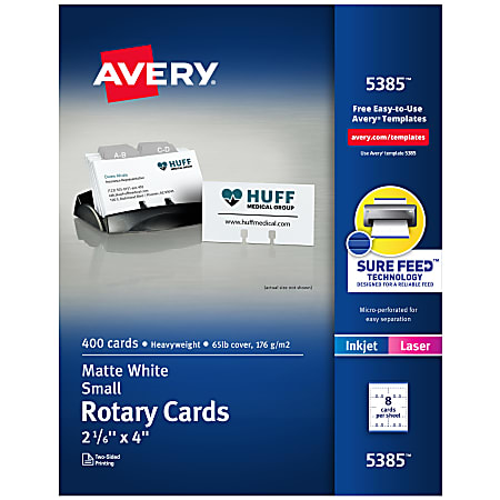 Avery® Printable Rotary Cards With Sure Feed® Technology, 2-1/6" x 4", White, Pack Of 400 Blank Cards