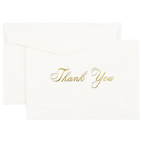JAM Paper® Thank You Card Set, 4 7/8" x 3 3/8", 80 Lb, Bright White/Gold Script, Set Of 104 Cards And 100 Envelopes