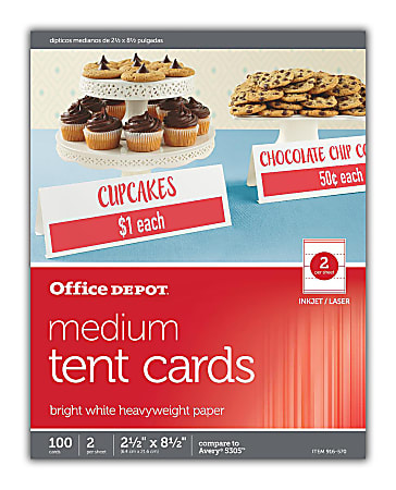 Office Depot® Brand Inkjet/Laser Tent Cards, Medium, 2 1/2" x 8 1/2", Bright White, Pack Of 100