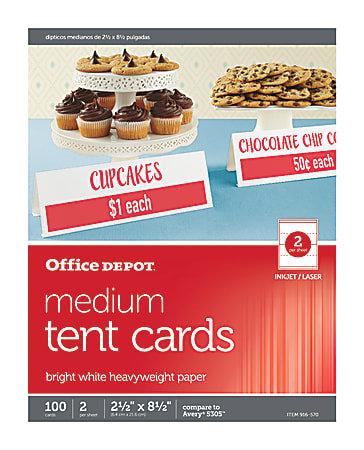 Office Depot® Brand Inkjet/Laser Tent Cards, Medium, 2 1/2" x 8 1/2", Bright White, Pack Of 100
