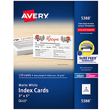 Avery® Printable Index Cards With Sure Feed® Technology, 3" x 5", White, 150 Blank Index Cards