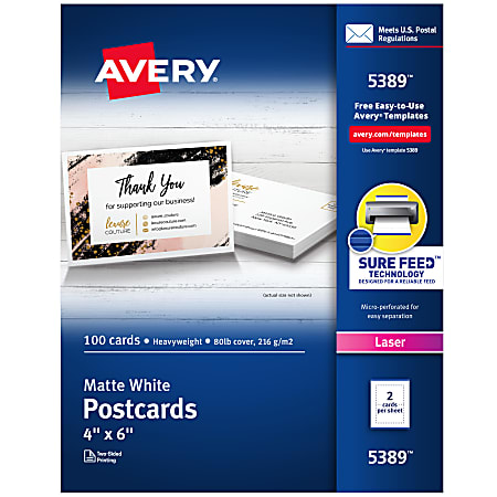 Avery Printable Postcards With Sure Feed Technology 4 x 6 Matte White 100 Blank  Postcards - Office Depot
