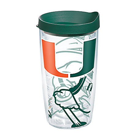 Tervis Genuine NCAA Tumbler With Lid, Miami Hurricanes, 16 Oz, Clear