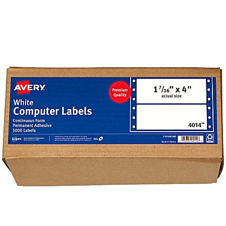 Avery® Continuous Form Permanent Address Labels, 4014, Rectangle, 4" x 1 7/16", White, Pack Of 5,000