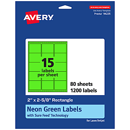 Avery® Printable Labels With Sure Feed® Technology, 94235-NGP80, Rectangle, 2" x 2-5/8", Matte Neon Green, Pack of 1200