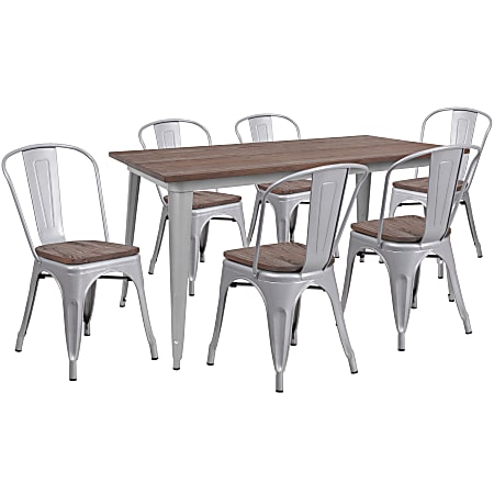 Flash Furniture Metal Table Set With Wood Top And 6 Stack Chairs, 30-1/2"H x 30-1/4"W x 60"D, Silver